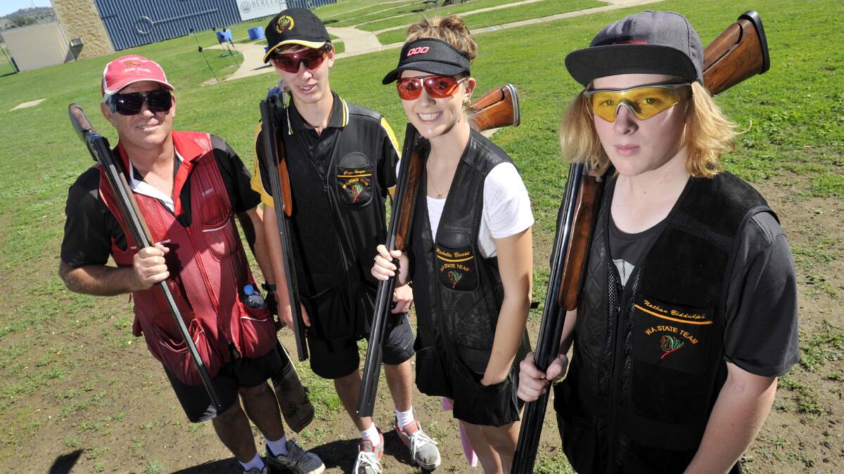 Western Australia team members, Terry Maloney, Esperance, Gage Karger, Esperance, Michelle Boase, Kalgoorlie and Nathan Biddulph, Hopetoun, at the National Trap Championships at the National Shooting Ground in Wagga. Picture: Les Smith/Daily Advertiser