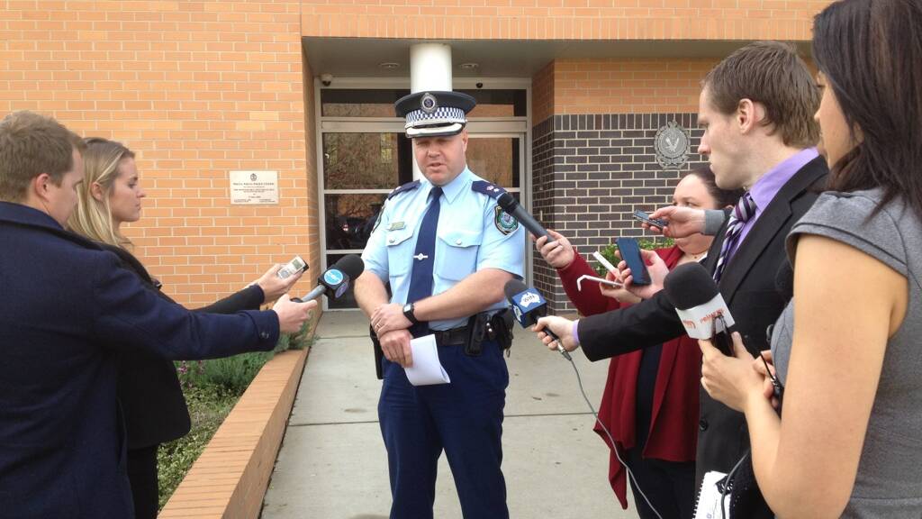 Wagga LAC commander Superintendent Bob Noble speaks to media outside the Wagga station on Wednesday. Picture: Nicole Barlow