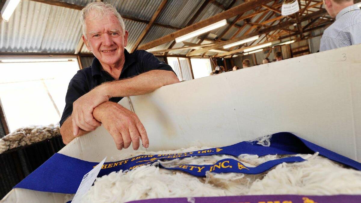 Peter Campbell with his fleece entry at the Henty Show. Picture: Alastair Brook