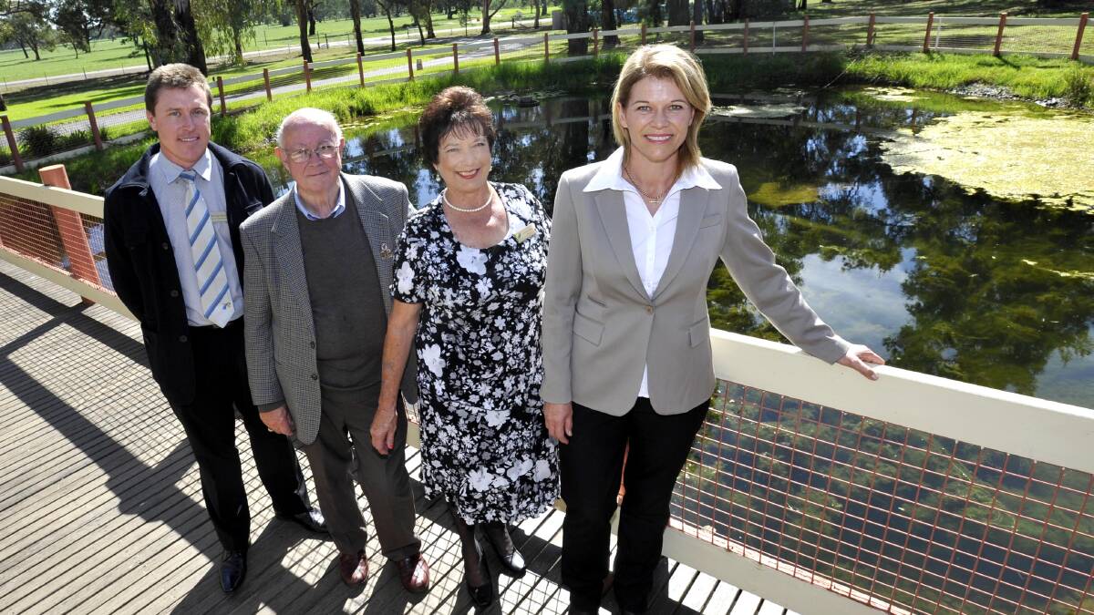 NSW Primary Industries minister Katrina Hodgkinson (right) visited the Inland Fisheries Centre at Narrandera on Thursday. She was joined by director technical services at Narrandera Shire Council, Frank Dyrssen (left), deputy mayor Jim Howard and mayor Jenny Clarke. Picture: Les Smith 
