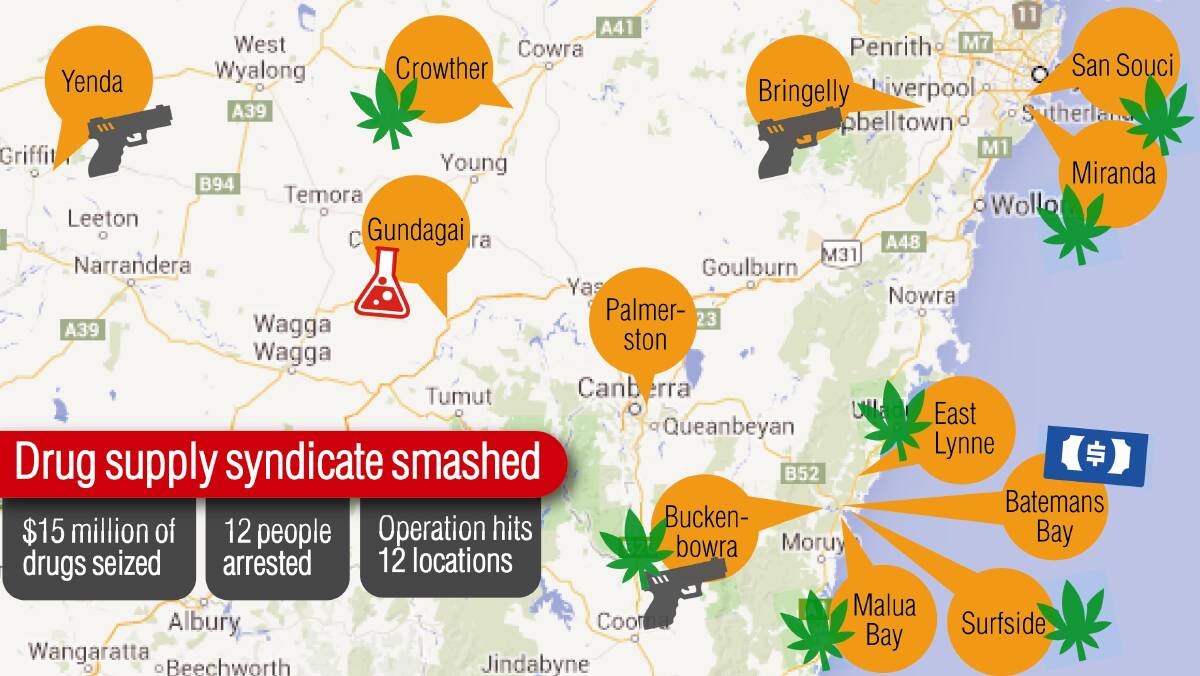 SMASHED: Where yesterday's coordinated police raids took place. The major operation across southern NSW, dubbed Strike Force Oceanic, resulted in close to $15 million worth of illicit drugs being seized and 12 people arrested.