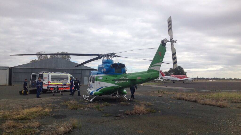 The Snowy Hydro SouthCare rescue helicopter at the Hay Airport following a serious crash on the Sturt Highway west of Hay on Friday. Picture: Bryce England, Snowy Hydro SouthCare.