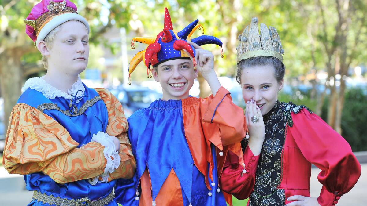 The King, Blake Smith (13), Merton the weather forecaster, Sam Campbell, (13) and The Queen, Niamh Marsh-Johnson (12), were part of The Frog Prince play being shown in the basement of the Civic Theatre. Picture: Kieren L Tilly