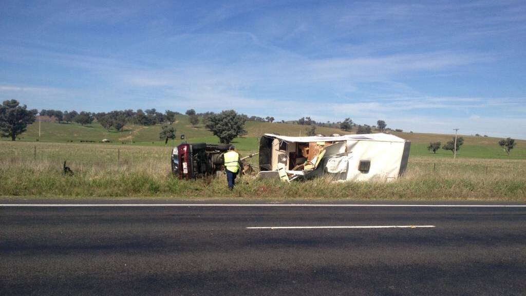 The scene of the single-vehicle accident on the Sturt Highway east of Wagga. Picture: Brodie Owen