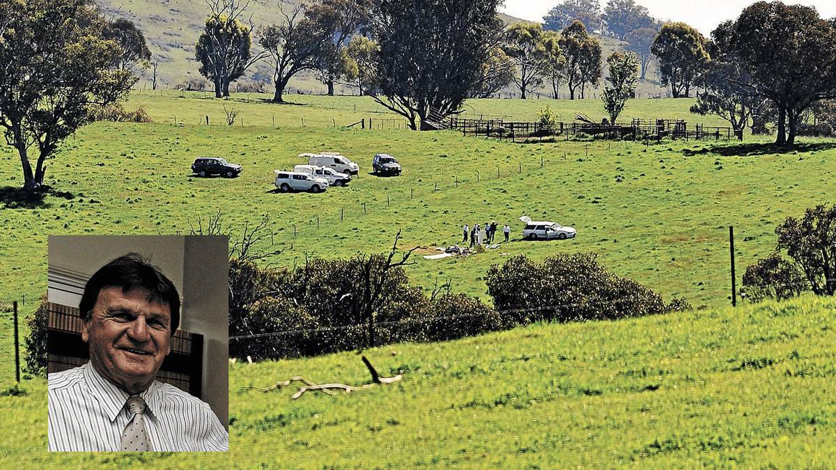 The wreckage of former Tumut deputy mayor Ben Dumbrell’s (inset) KR-2 plane was discovered in a paddock off Califat Road, Adelong, on October 7 last year.