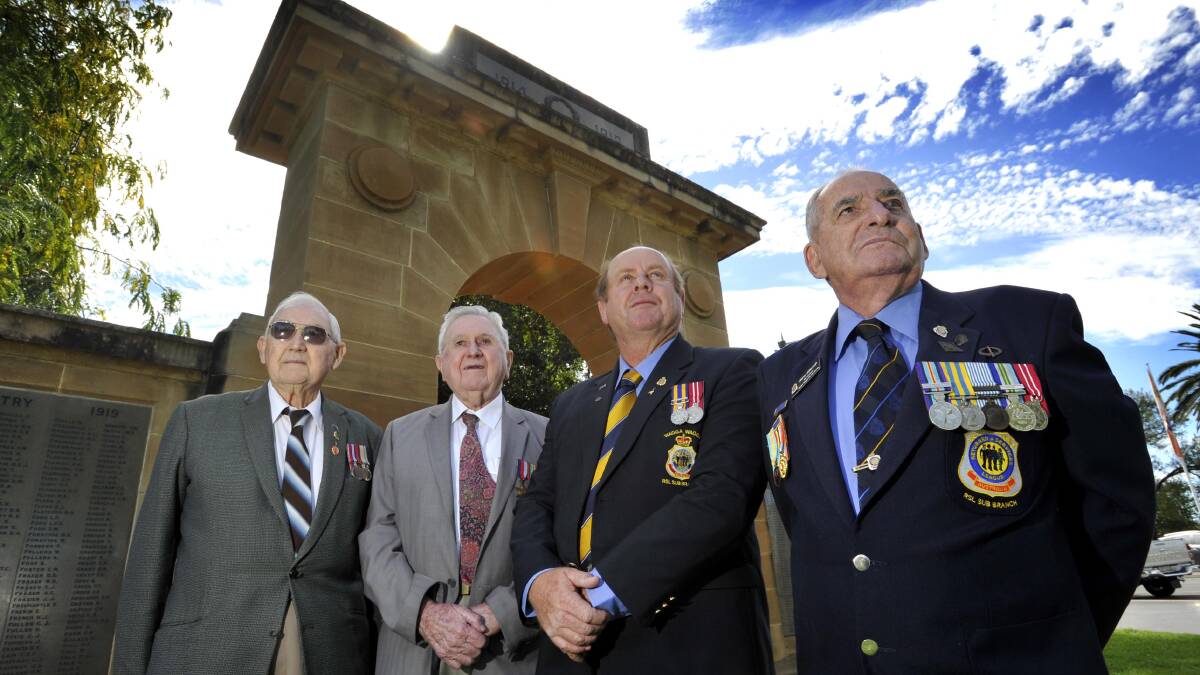 Brothers Frank and Bill Dempsey (left), chairman of the Anzac Day committee Brian Watts and vice president of the Wagga RSL sub-branch Harry Edmonds prepare for Anzac Day. Organisers are expecting about 10,000 people to line the Baylis Street parade route this year. Picture: Les Smith
