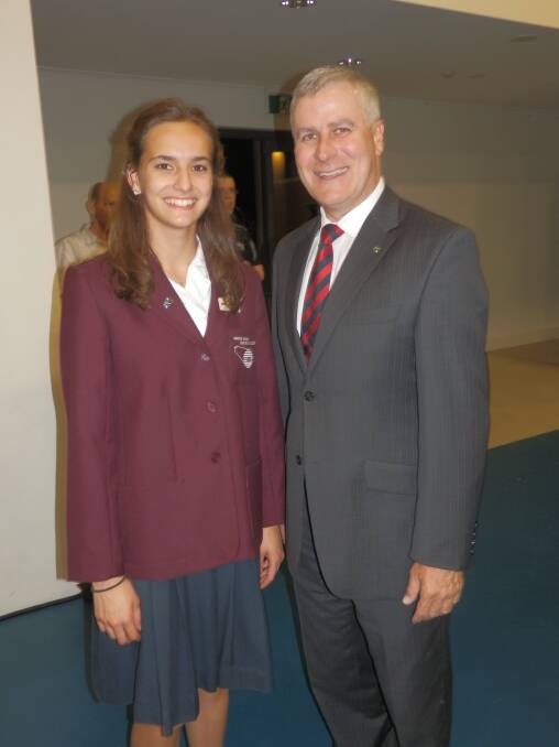 Pictured with Member for Riverina Michael McCormack at the Wagga Christian College's presentation night is HSC student Hayley Morris who received an ATAR of 96.45. Picture: Wagga Christian College