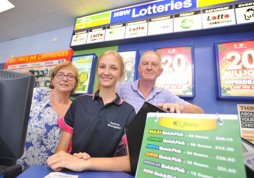 South City newsagency owners Irene, Alex and John Byrne are worried about a new agreement which will allow service stations to sell lottery tickets. Picture: Laura Hardwick