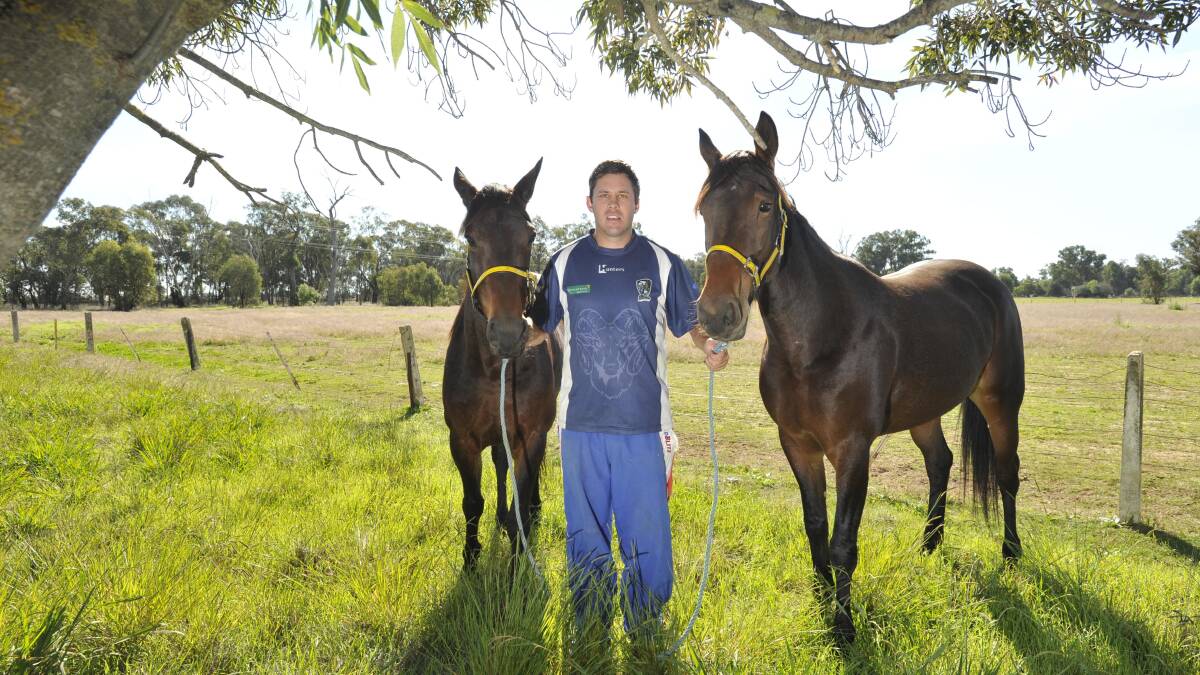 TROTTING TO A DIFFERENT TUNE: Henty harness racing driver Grant Forrest gives Charliesbaby (left) and Forestspider some last minute preparation ahead of Coolamon's all trotters meeting today.