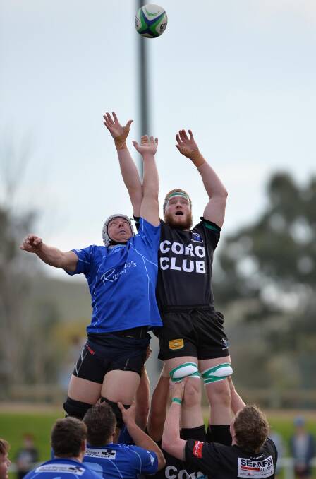 SITTING OUT: Andries De Meyer (right), pictured in a line-out contest with Waratahs' Ken Baker earlier this season, is being rested for tomorrow's game against CSU at Beres Ellwood Oval.