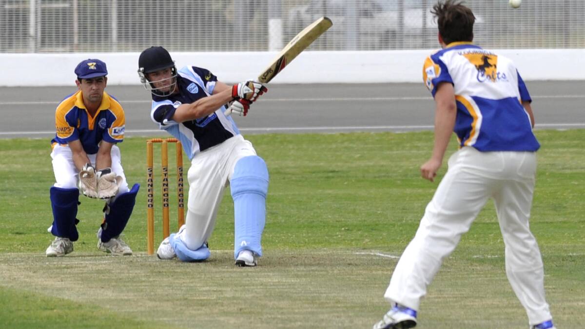 HEAVY IMPACT: South Wagga's Luke Gerard hits out as Kooringal wicketkeeper Jeremy Bunn looks on at the Wagga Cricket Ground. Pictures: Les Smith