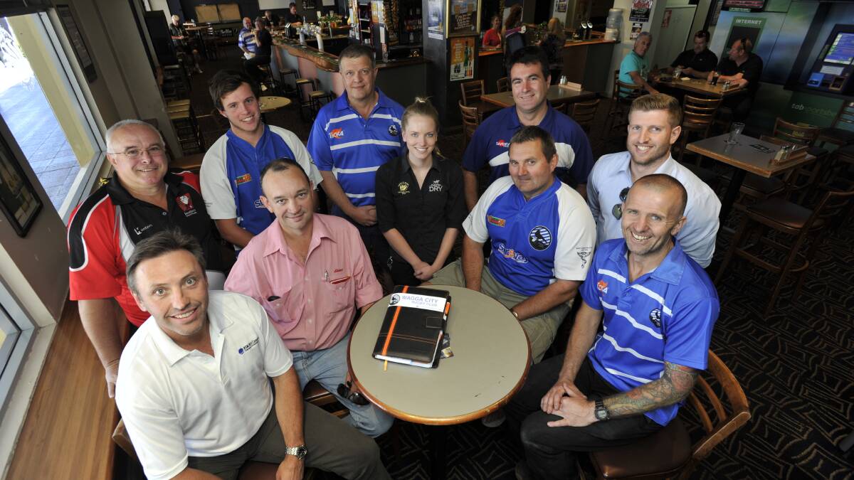 NEW PARTNERSHIP: Wagga City committee members (back, from left) Tom Murphy, Nick Murphy, Jason Sauer, Michael Kanck, James Curgenven, (front) Stuart Heine, Craig Jones, Emily Bender from the Victoria Hotel, Scott Callaghan, Pat Burke celebrate the club's link with the Wagga establishment. Picture: Les Smith