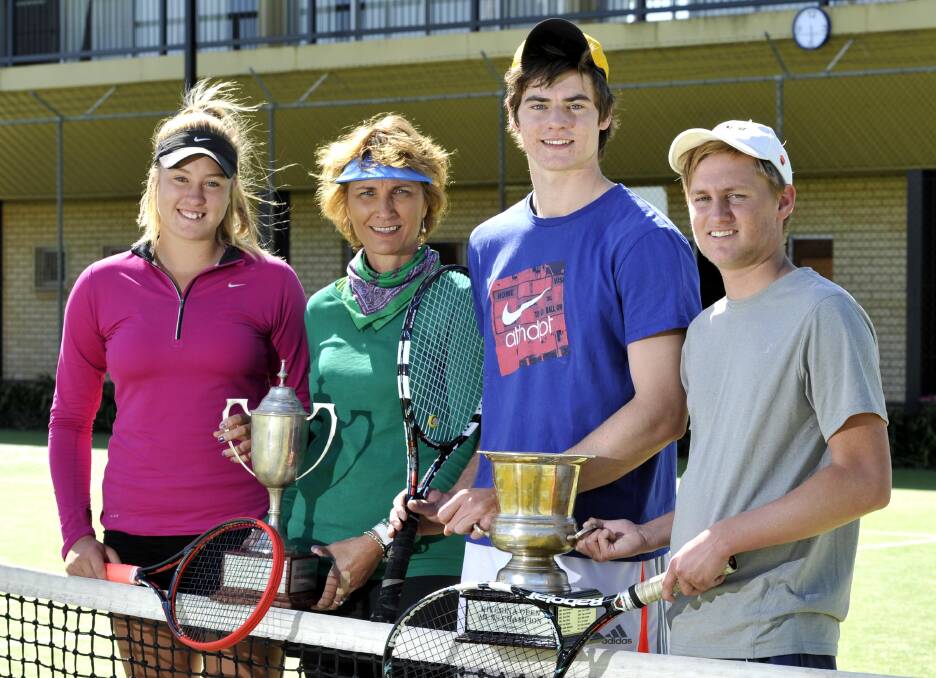 BACK ON COURT: Kaitlin Staines, Brenda Foster, Sebastian Wrobel and Harry Pascoe get in some preparation at the Jim Elphick Tennis Centre ahead of the Riverina Open this long weekend. Picture: Les Smith