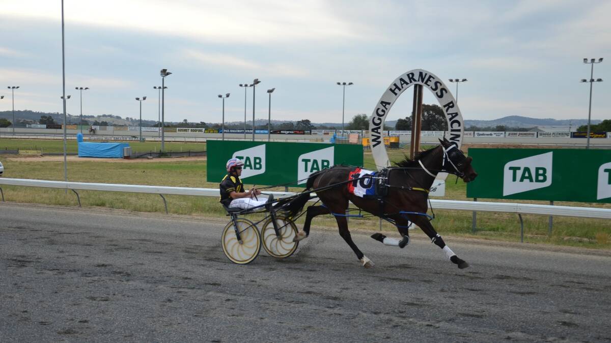 EASY DOES IT: Bells Beach House cruises to victory at Wagga last night for trainer Kim Hillier and driver David Moran. Pictures: Declan Rurenga