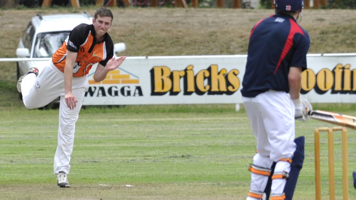 SPIN CYCLE: Wagga RSL captain Sam Perry sends down at delivery at McPherson Oval on Saturday.