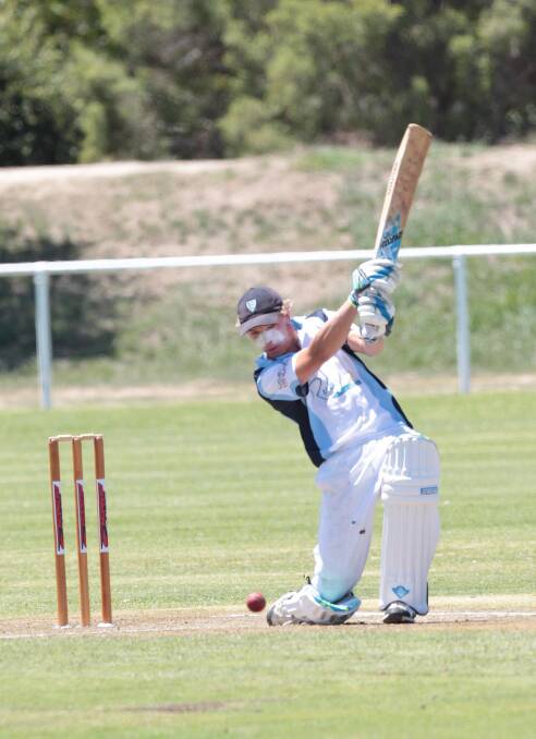 FULL FORCE: South Wagga batsman Brayden Ambler smashes the ball down the ground as the Blues get on top of Lake Albert in the two-day clash at McPherson Oval.