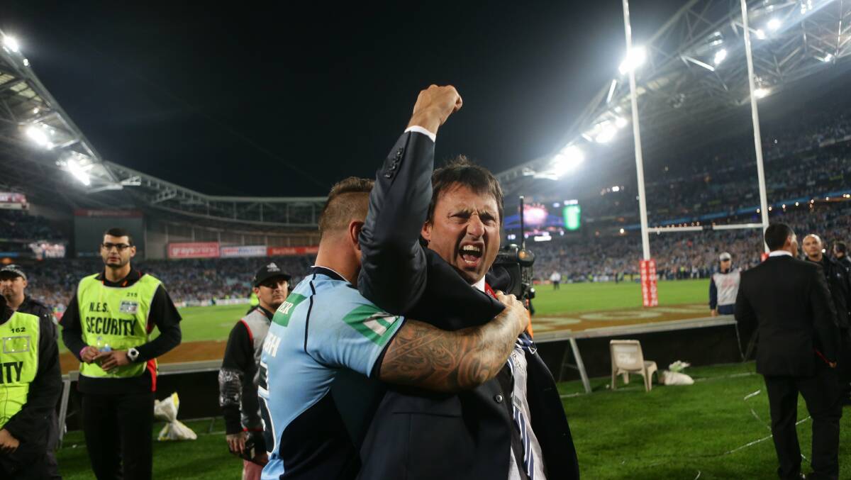 Laurie Daley, celebrating NSW's State of Origin win with Anthony Watmough, will bring the shield to Wagga on Tuesday for the Mortimer Shield grand final.