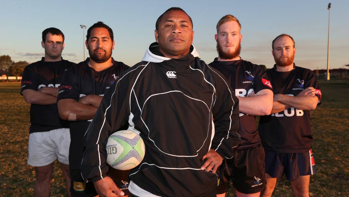 READY TO RUMBLE (from left): Griffith's Nicholas Gleeson, Leon Tiere, coach Seru Rogo, Andries de Meyer and  Andy Arnold prepare to tackle Albury in the premier division grand final against Albury tomorrow. Picture: The Area News
