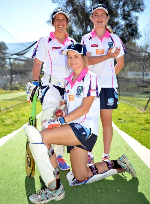 TALENTED TRIO: Ready to take on some of the best young cricketers in the state are Riverina representatives (back) Tahliah Footman,  Rachel Trenaman and (front) Abbey Thompson. The trio were getting in a last minute net session at McPherson Oval before the event over the long weekend. Picture: Laura Hardwick