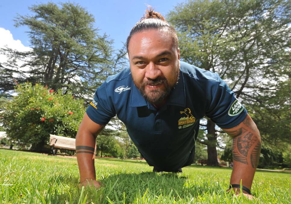 Brumbies prop Fotu Auelua in Wagga on Tuesday ahead of the trial against the Highlanders on Saturday.