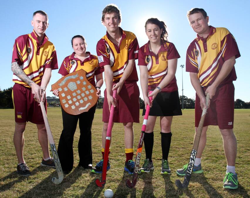 READY FOR ACTION: Preparing for today's division one Wagga hockey grand finals are Lake Albert payers (from left) Casey Younie, Janet Lamplough, Rhys and Janelle McManus and Michael Younie. Lake Albert will face CSU in both the men's and women's grand finals. Picture: Kieren L Tilly