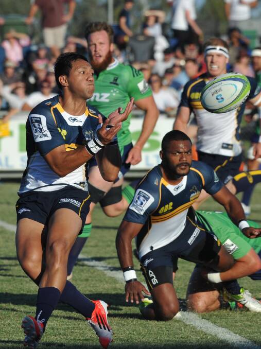 SWING IT WIDE: Brumbies inside centre Christian Lealiifano continues his team's attacking move during the dominant first half at Equex Centre on Saturday night. Pictures: Laura Hardwick