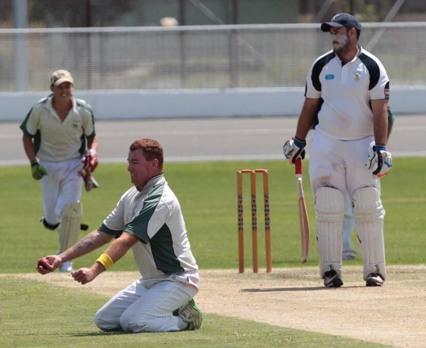 MOMENT OF GLORY: Ardlethan-Barellan bowler Rick Sloan celebrates after dismissing Wagga opener Jordan Lawrence off his own bowling, however there was little to cheer for from the visitors lost their O'Farrell Cup challenege by 132 runs. Picture: Les Smith