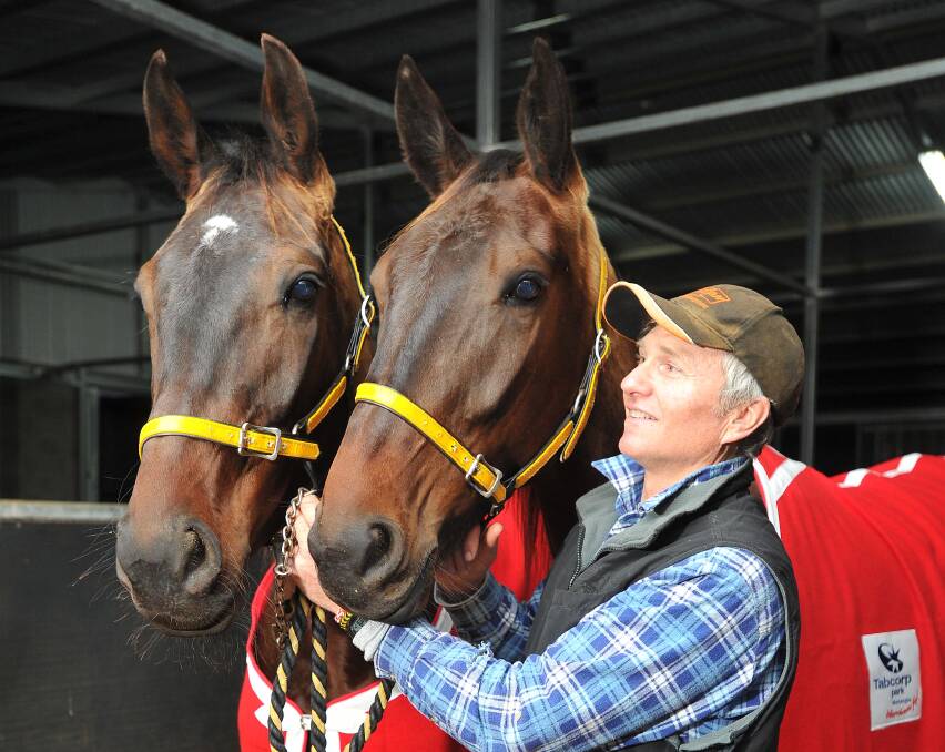 TWICE AS NICE: Junee trainer-driver Bruce Harpley with Justanotherslippa and Sokys Bigbullet after the pair claimed Menangle Country Series final wins on Saturday night.