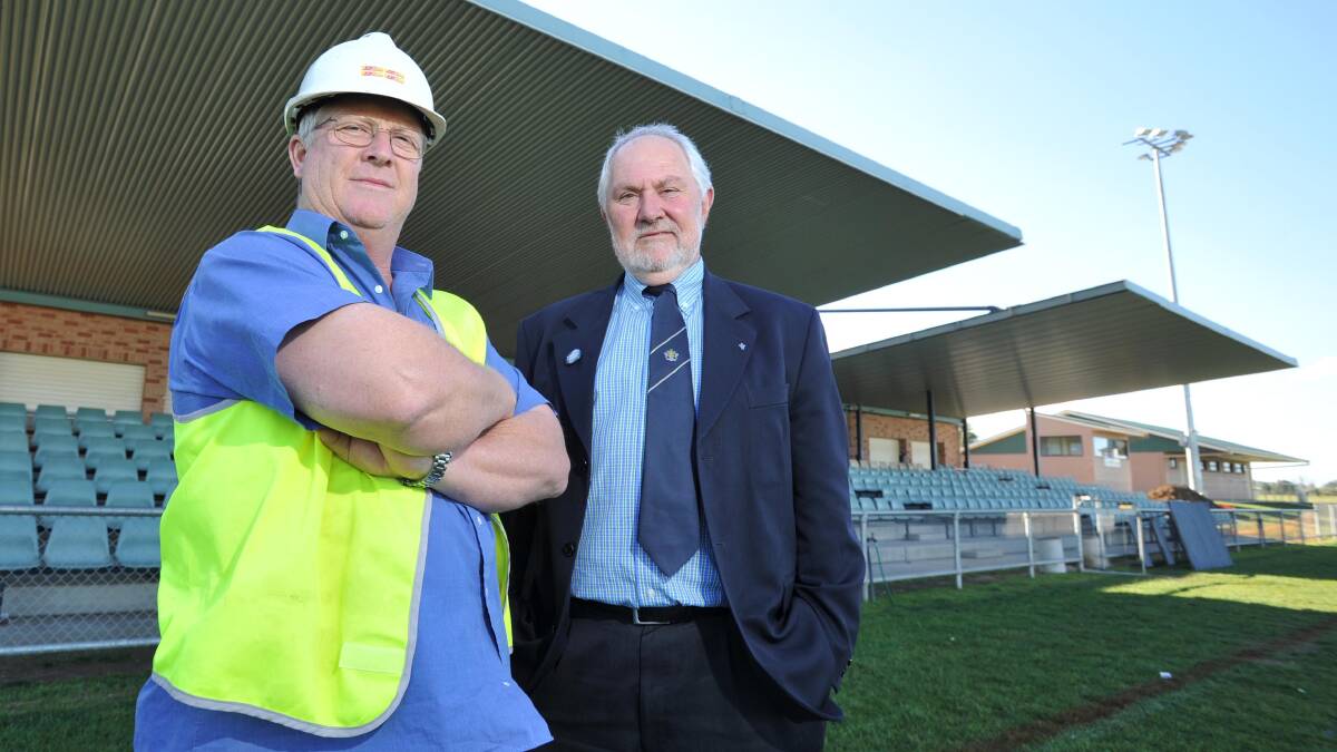 HANDS OFF: Wagga Rugby League chairman Steve Kimball and mayor Rod Kendall have refuted claims that Equex won't be ready in time for the City-Country game in May. Picture: Michael Frogley