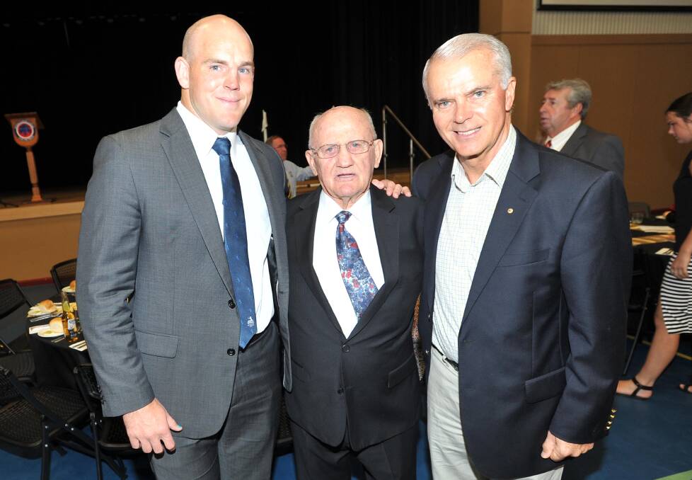 OLD MATES: Injured Brumbies captain Stephen Moore, dual international Arthur Summons and commentator Gordon Bray meet up during the Brumbies In The Bush dinner last night.