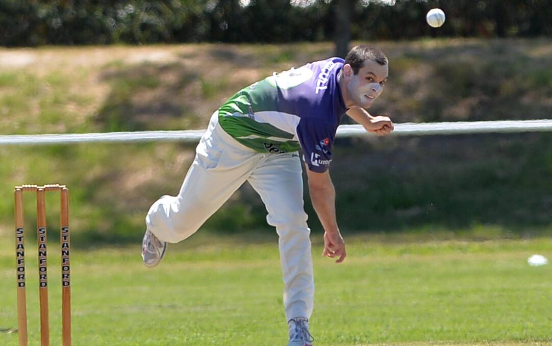 ON THE WAY: Wagga City captain-coach Jon Nicoll sends down a delivery in the Cats tight win over Kooringal on Saturday.