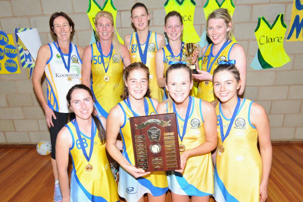 TWICE AS NICE: Mangoplah-Cookardinia United-Eastlakes A grade netball team celebrates back to back premierships. (Back, from left) coach Julie Cornell, Tracey Schultz-Cole, Kira Payne, Gabrielle McRae, Stephanie Male, (front) Shea Byrne, Clare Vearing, Ella Finemore and Georgia Cornell.