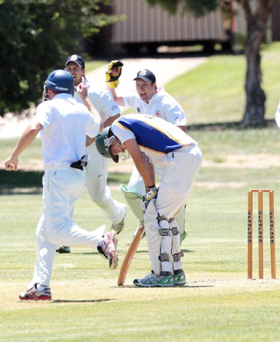 GOT HIM: St Michaels wicketkeeper Tim Wilson celebrates the dismisal of Ben Webster as the Saints get well on top of their rivals on Saturday.