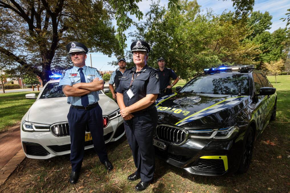 NSW Police Acting Superintendent Greg Donaldson and Victoria Police Superintendent Joy Arbuthnot (front) with Sergeant Simon Mitchell and Senior Sergeant David Gillespie in Albury on Wednesday. The officers announced a Hume Highway road safety blitz starting next week. Picture by James Wiltshire