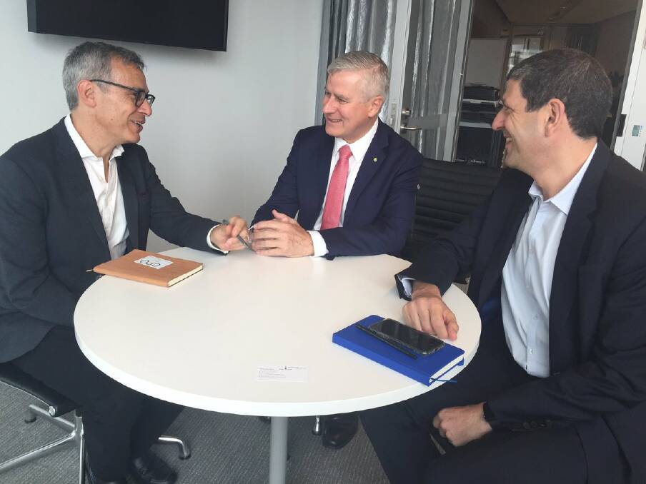 Riverina MP Michael McCormack with Blue River Group co-CEOs Grant Fuzi and Craig Shapiro.