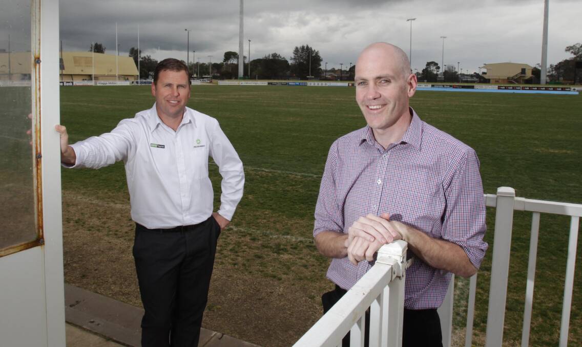 SPORTING CHANCE: Paul Watson and Tim Koschel are running for council on the Kendall Next Generation ticket. The businessmen worry Wagga's slipping behind Albury and want better facilities for their kids. Picture: Les Smith