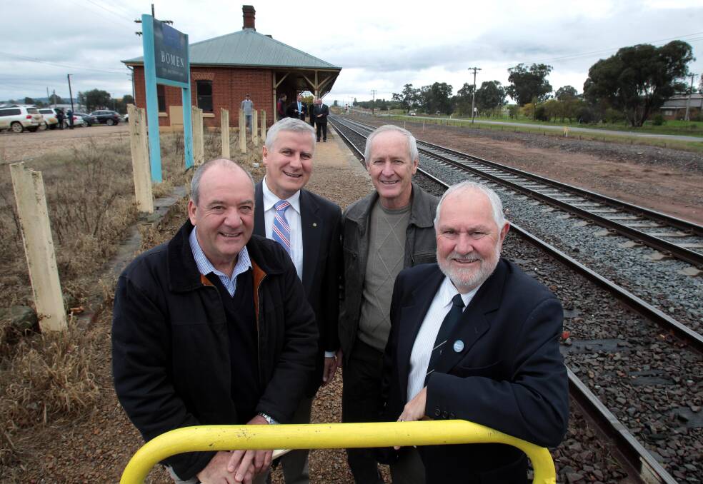 Wagga MP Daryl Maguire, Riverina MP Michael McCormack, Committe 4 Wagga CEO Chris Fitzpatrick and mayor Rod Kendall at the Bomen railway station.