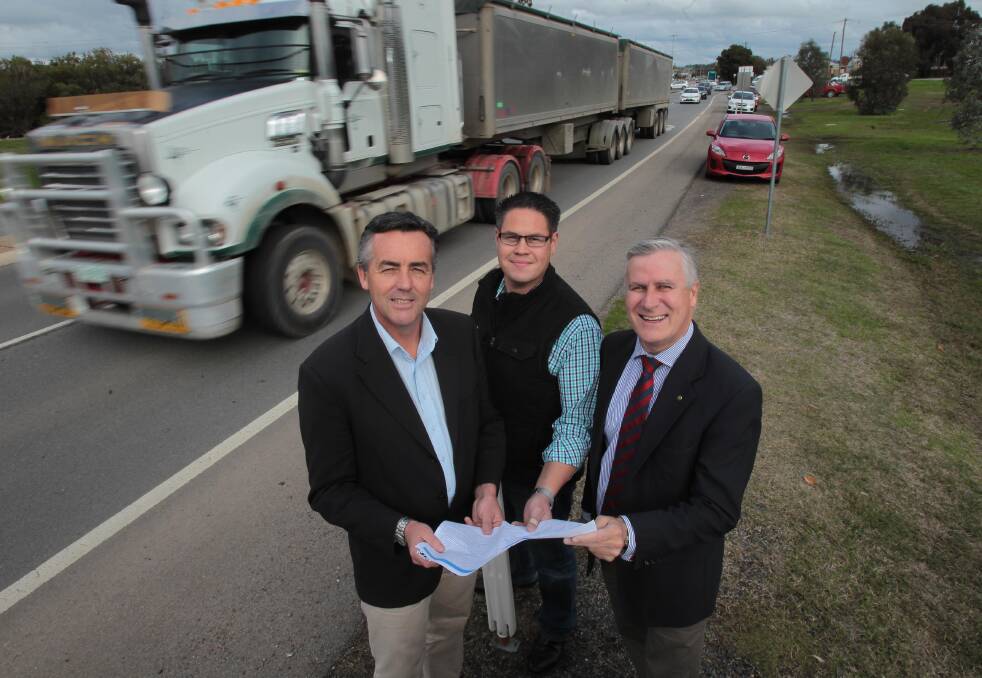 Infrastructure and transport minister Darren Chester, Wagga-based senate candidate Wes Fang and Riverina MP Michael McCormack.