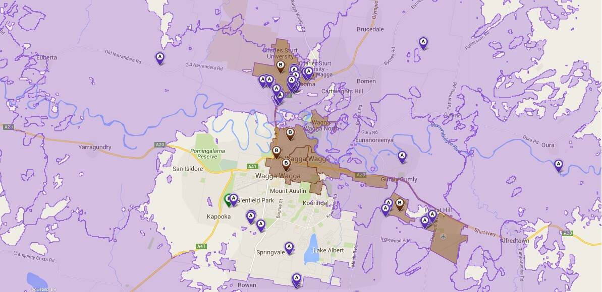 NBN ROLLOUT: Purple areas show which areas can access NBN speeds, while the brown areas indicate work in progress.