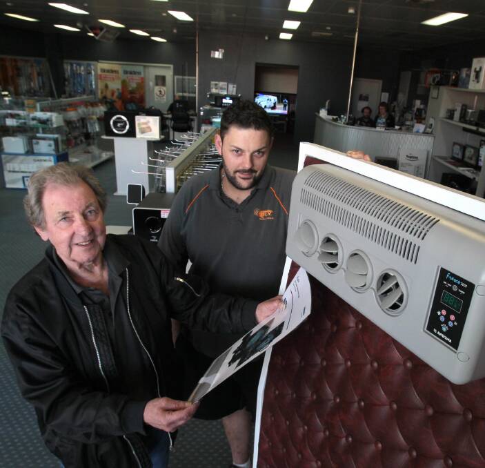 COMMUNITY SUPPORT: Cancer survivor Ben Ramage (right), with Geoff Maurer of Wagga Car Radio, who will receive much needed funds from an auctioned air conditioner. Photo: Les Smith.