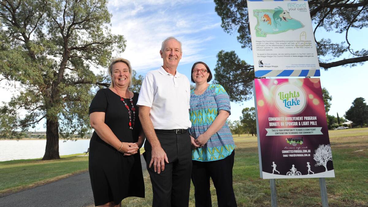 BRIGHT IDEA: from left: Trish Fellows, Committee4Wagga CEO Chris Fitzpatrick and Mater Dei Catholic College manager Nicky Alsemgeest at the LIghts4Lake donations launch.