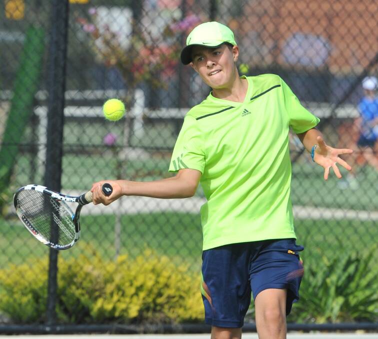 SMASH HIT: Seth Bennell, 12, lines up a powerful forehand during a junior tennis clash at the Jim Elphick Tennis Centre on Saturday. Picture: Laura Hardwick