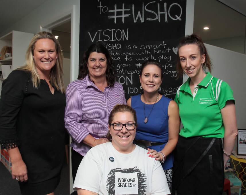 Simone Eyles (centre) with Di Somerville (left), Karen Goddard, Kristie Charlton and Lisa Cameron at the launch of Working Spaces HQ in Wagga. Picture: Les Smith