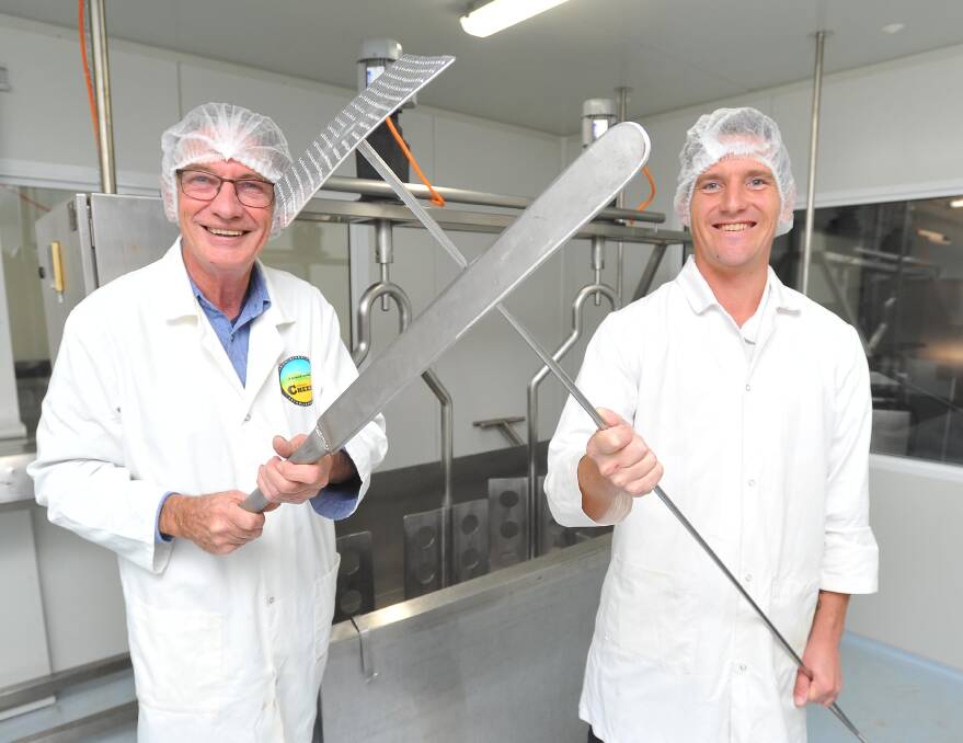 Cheesemakers Barry Lillywhite and Adama Papprill with the tools of the trade. Coolamon Cheese is one of the businesses preparing for Taste Riverina. Picture: Kieren L Tilly