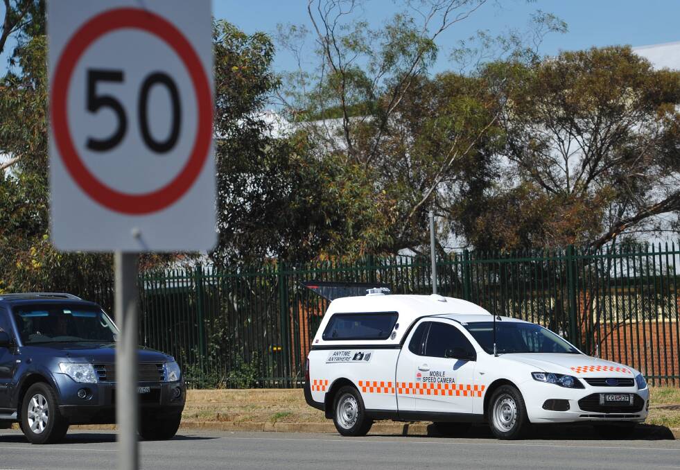 A mobile speed camera parked outside the Wagga Showgrounds in 2013 before the speed limit on Bourke Street was changed.