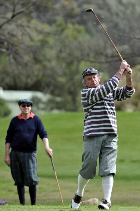 FINE STYLE: Ross Howard tees off during the Al Howard Memorial as Lachlan Wilson watches on. Picture: Les Smith