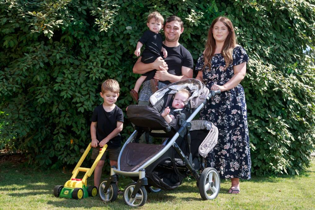 PRAM JAM: Lavington's Jade and Brooke Clements with their sons Jefferson, 4, Johnathan, 2, and Kylin, eight months. Picture: SIMON BAYLISS