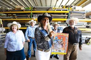 GEARED UP: Miss Rodeo Australia Bobbie-Jo Geisler spends some time in town with Cathie Smith from Kurrajong Waratah, Clayton Russell, Wagga rodeo producer and stock contractor John Gill and major sponsor Gil Matthews to promote the Wagga Rodeo on Saturday. Picture: Addison Hamitlon