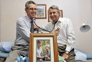 WHAT THE DOCTOR ORDERED: (from left) Doctors Peter Knight and Patrick Renshaw this month celebrate 35 years in partnership, serving the city.  Picture: Les Smith
