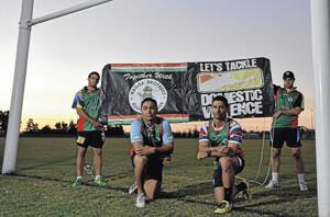 NO HARD HITS: Wagga Brothers Rugby League Club players (from left) Luke Barry, Chris Kelly, Jermaine Packer and Zac Wilson prepare for the launch of the “Let’s Tackle Domestic Violence” program at the club’s first round game against Wagga Kangaroos on Saturday, April 21. Picture: Oscar Colma